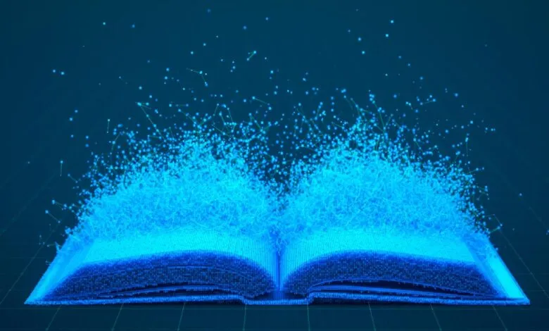 Digital book with glowing blue particles emanating from its pages, symbolizing knowledge and data.