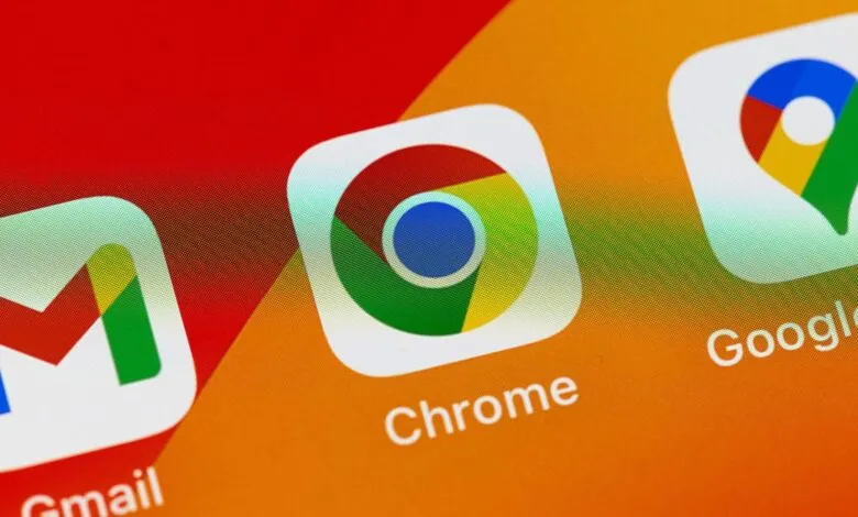 Close-up of Google apps on a smartphone screen: Gmail, Chrome, and Google Maps icons.