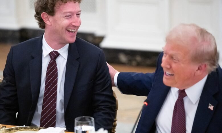 Mark Zuckerberg and Donald Trump share a laugh during a meeting.
