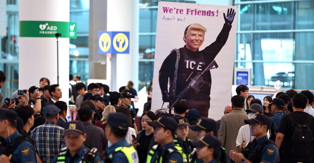 Large poster of Donald Trump in ICE uniform at airport, surrounded by onlookers.