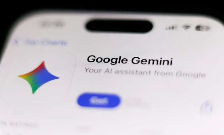 Close-up of a smartphone screen showing the Google Gemini AI assistant app with its logo and a 'Get' button.