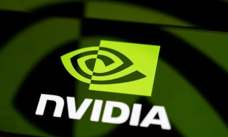Close-up of the Nvidia logo on a screen, featuring a lime green stylized eye symbol and white text.