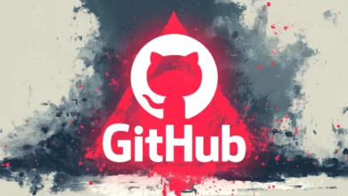 GitHub logo stylized with red and gray paint splatters, inside a triangle.