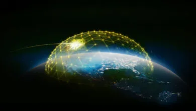 Global network connection shown as a glowing grid over Earth from space.