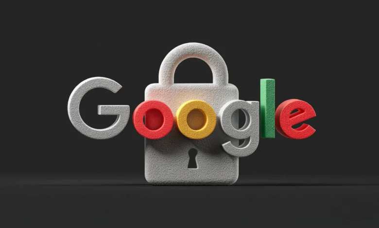 Google logo with a padlock, emphasizing security and data protection.