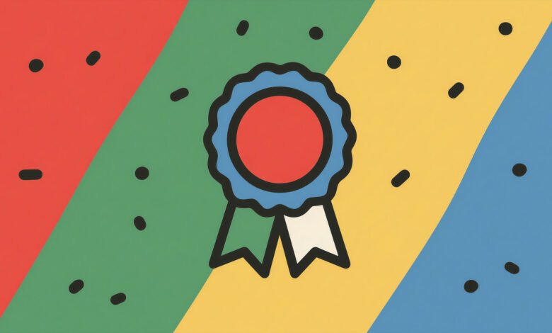 Award ribbon graphic with red, blue, green, and yellow background.