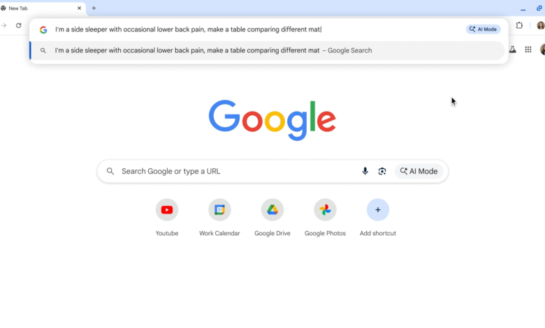 Google Chrome browser showing AI Mode enabled, a search query about back pain, and common Google apps.