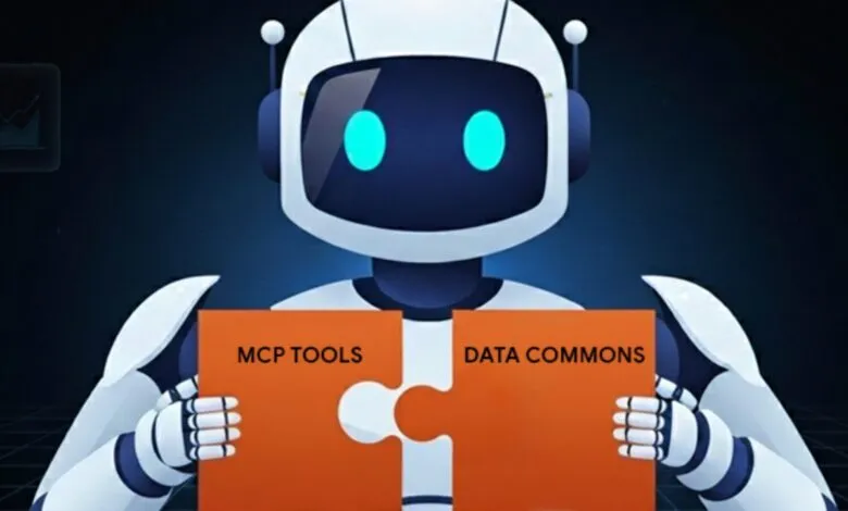 Friendly robot holding puzzle pieces labeled 'MCP Tools' and 'Data Commons', symbolizing integration.