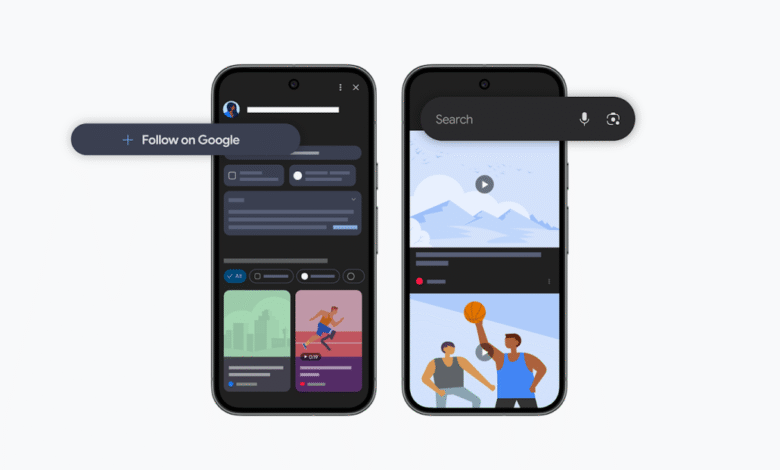 Two phone screens show Google's Follow feature, displaying various content like videos and posts.