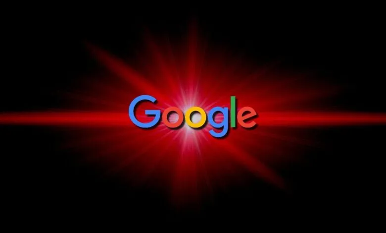 Google logo in colorful letters, set against a dramatic red and black light burst background.
