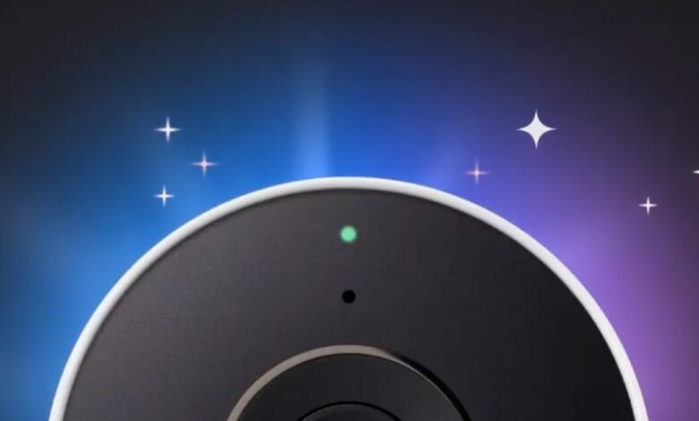 Google Nest Cam with a green indicator light, set against a dark blue night sky with stars.