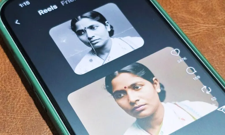Smartphone screen showing a vintage portrait before and after colorization on Instagram Reels.