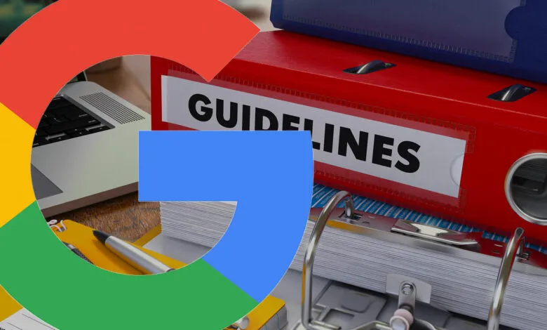 Google logo and red binders labeled 'Guidelines' on a desk, suggesting adherence to rules or policies.