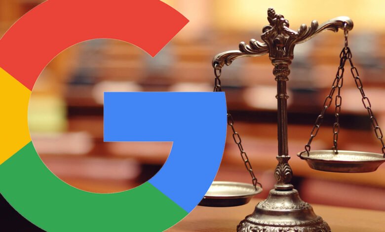 Google logo partially obscuring scales of justice, symbolizing legal issues related to Google.
