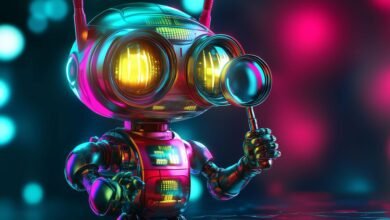 AI robot holding magnifying glass, vibrant neon colors