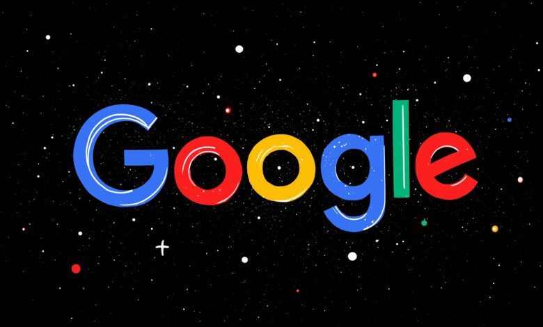 Google logo stylized against a black space background with white and colored dots.