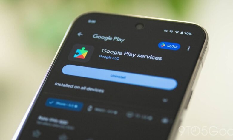 Close-up of a smartphone displaying Google Play services app info, showing the app icon, name, developer, and uninstall option.