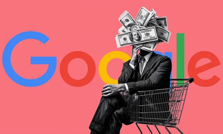 A man in a suit sits in a shopping cart, his face obscured by a pile of $100 bills, against a pink background with the Google logo.
