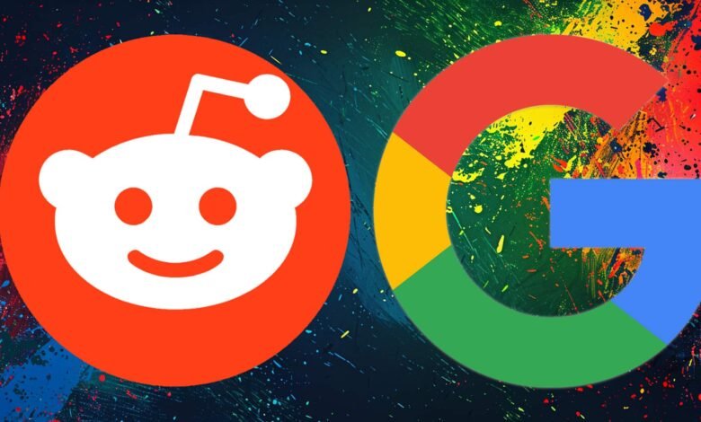 Reddit and Google logos on a vibrant, abstract background.