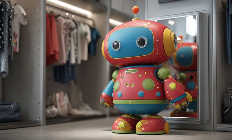A colorful toy robot stands in a modern closet with clothes and shoes.
