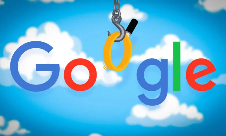 Google logo letters being lifted by a hook against a blue sky.