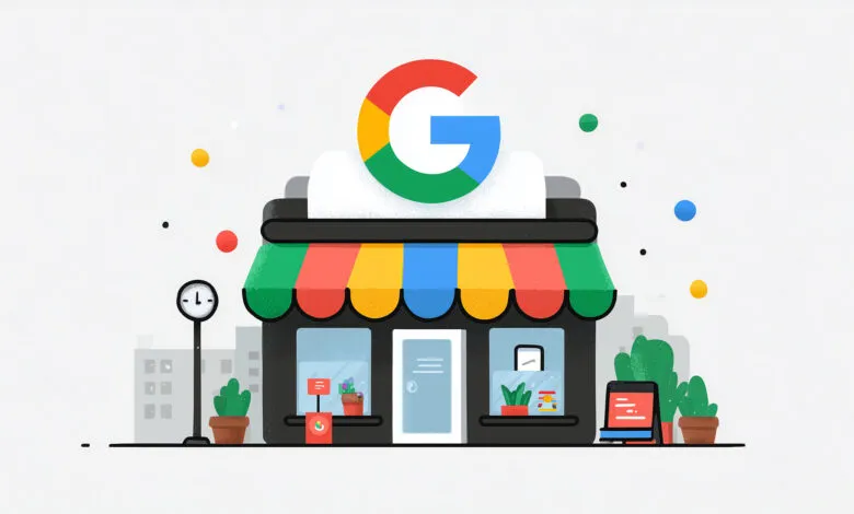 Illustration of a Google storefront, featuring the Google logo and a colorful awning.