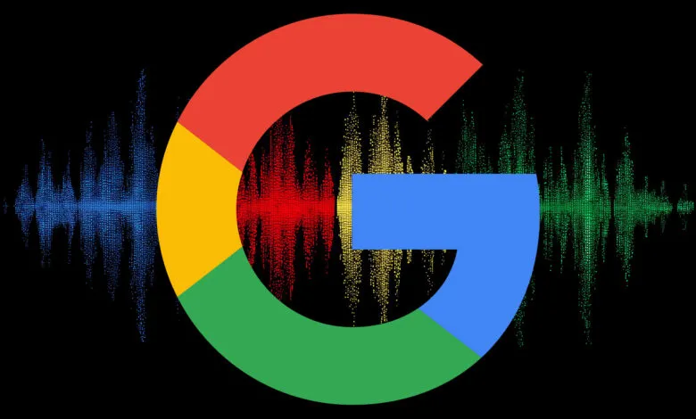 Google logo overlaid on a colorful soundwave pattern, symbolizing voice search technology.