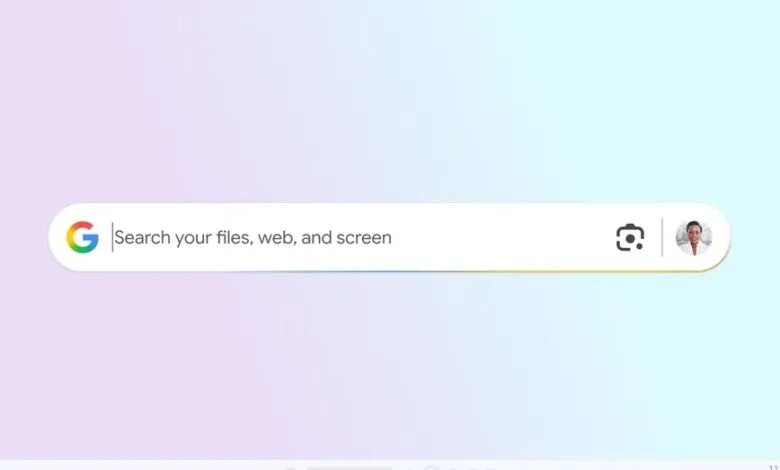 Google search bar with prompt 'Search your files, web, and screen' and user profile icon.