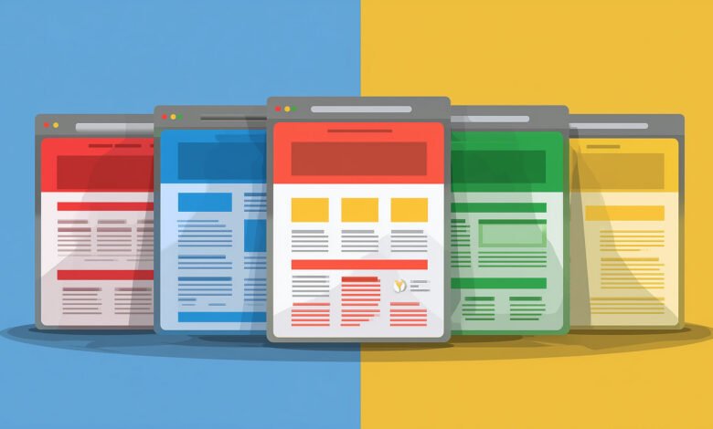 Five colorful web page designs displayed on screens, showcasing various layouts and color schemes.