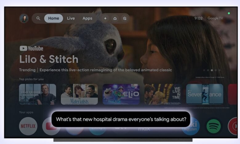Google TV interface showing Lilo & Stitch, other trending movies, and a selection of apps including Netflix, YouTube, and more.