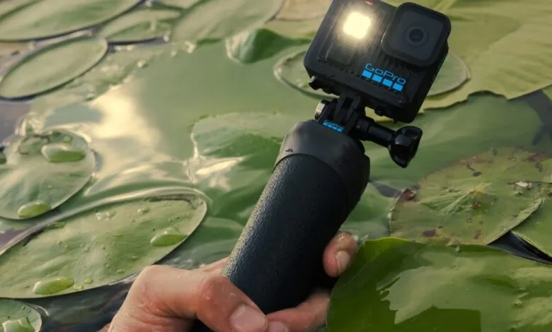 GoPro camera mounted on a selfie stick, held above lily pads in a pond.