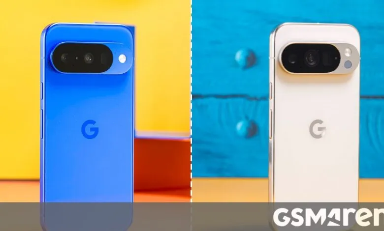 Two Google Pixel smartphones, one blue and one white, displayed side-by-side.