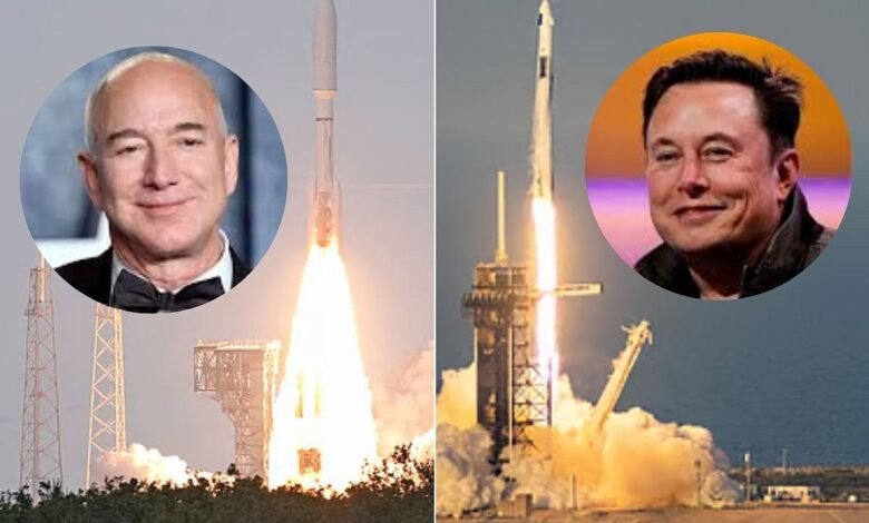 Jeff Bezos and Elon Musk with their rockets launching into space.