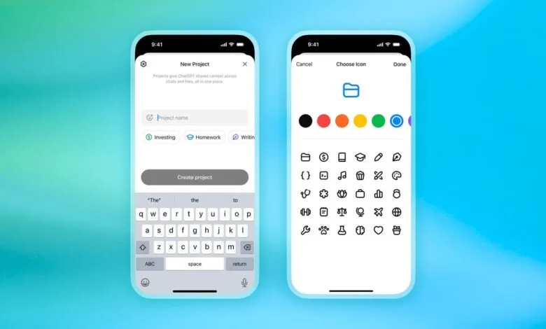 Smartphone screen shows a new project creation interface with options for name, category, color, and icon selection.