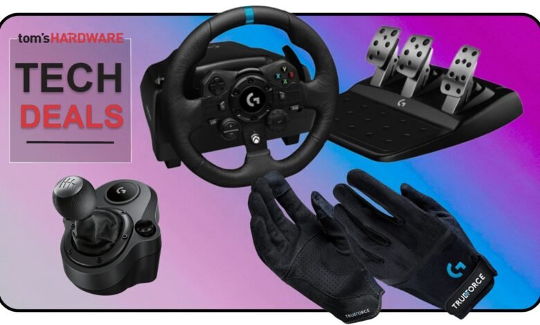 Gaming tech deals featuring a racing wheel, pedals, shifter, and gloves.