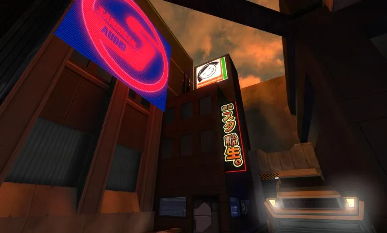 Cyberpunk-style alleyway with neon signs in red and blue, featuring a vehicle and various storefronts.