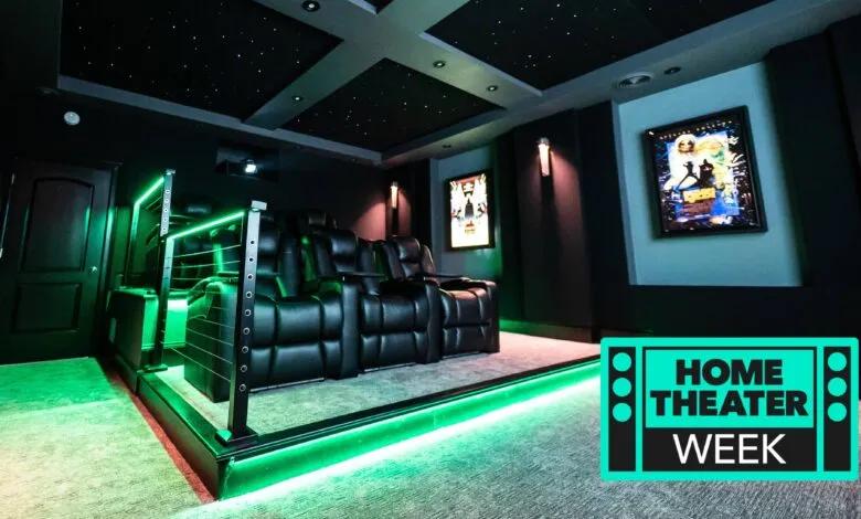 Luxury home theater with black leather recliners, green LED lighting, and a starlit ceiling.