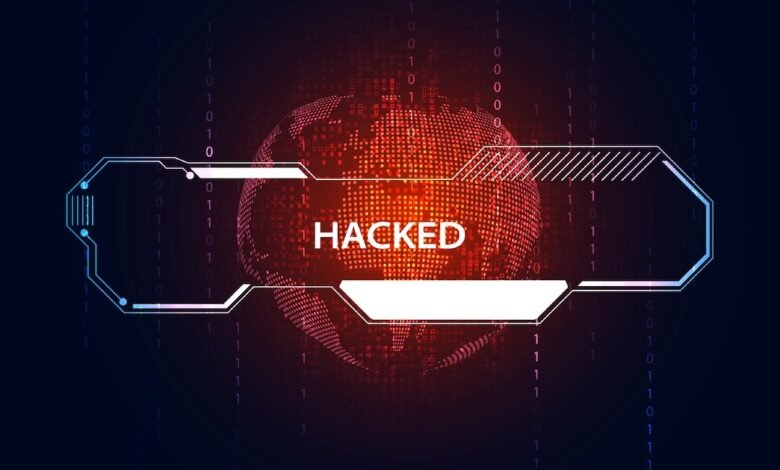 Graphic depicting a hacked globe with binary code, warning of cyber threats.