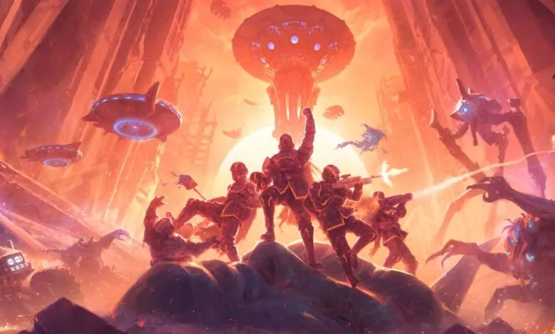 Helldivers 2 soldiers stand victorious amidst a fiery alien battlefield, showcasing intense combat and futuristic weaponry.