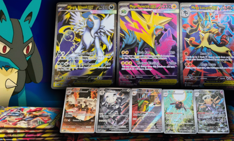 Collection of Mega Evolution Pokémon trading cards displayed with a Lucario illustration.