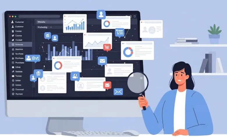 Woman examines data on a computer screen filled with charts and graphs, looking overwhelmed.