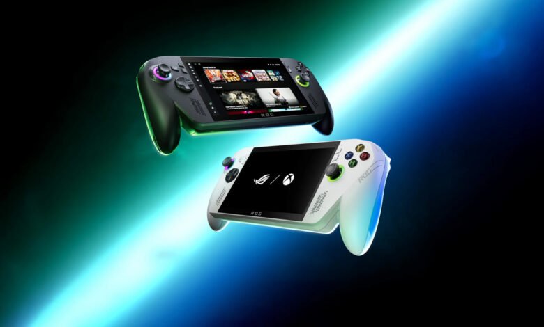 Two handheld gaming consoles, one black and one white, floating against a dark background with a bright blue and green light streak.