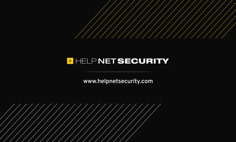 HelpNet Security logo on a black background with gold and gray diagonal lines. Website address included.