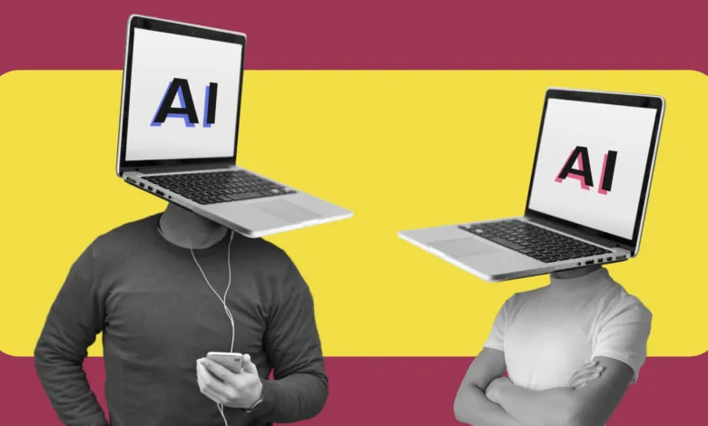 Two figures with laptops for heads, displaying 'AI' on screens, against a vibrant yellow and maroon background.