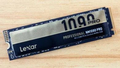 Lexar NM1090 Pro M.2 NVMe SSD, a high-performance solid-state drive with gold and black design.