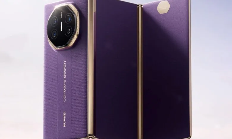Purple Huawei Mate Xs foldable phone unfolded, showcasing its design and camera system.