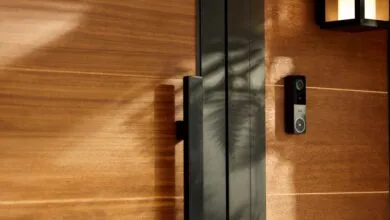 A sleek, black video doorbell mounted on a rich, brown wooden door. Sunlight casts shadows.