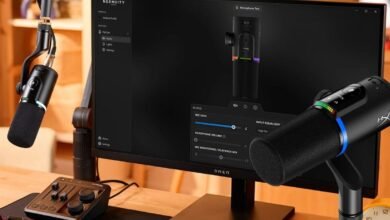 HyperX QuadCast S microphone setup with audio software on screen and a mixer.