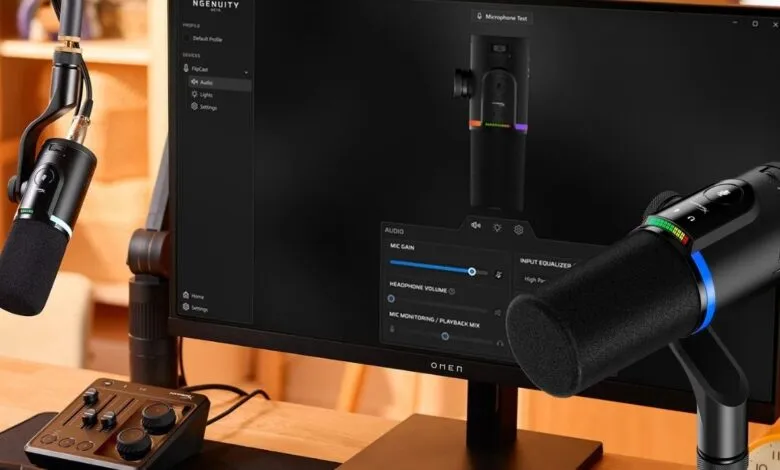 HyperX QuadCast S microphone setup with audio software on screen and a mixer.