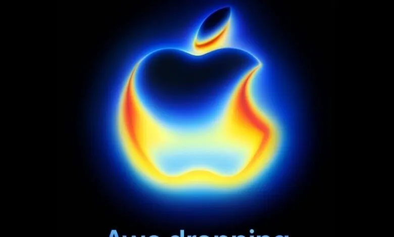 Stylized Apple logo in vibrant blue, orange, and yellow hues, resembling a flame effect against a black background.